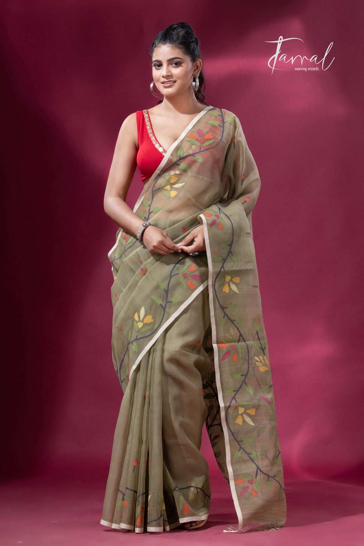 Mos green with floral border muslin silk handwoven jamdani saree