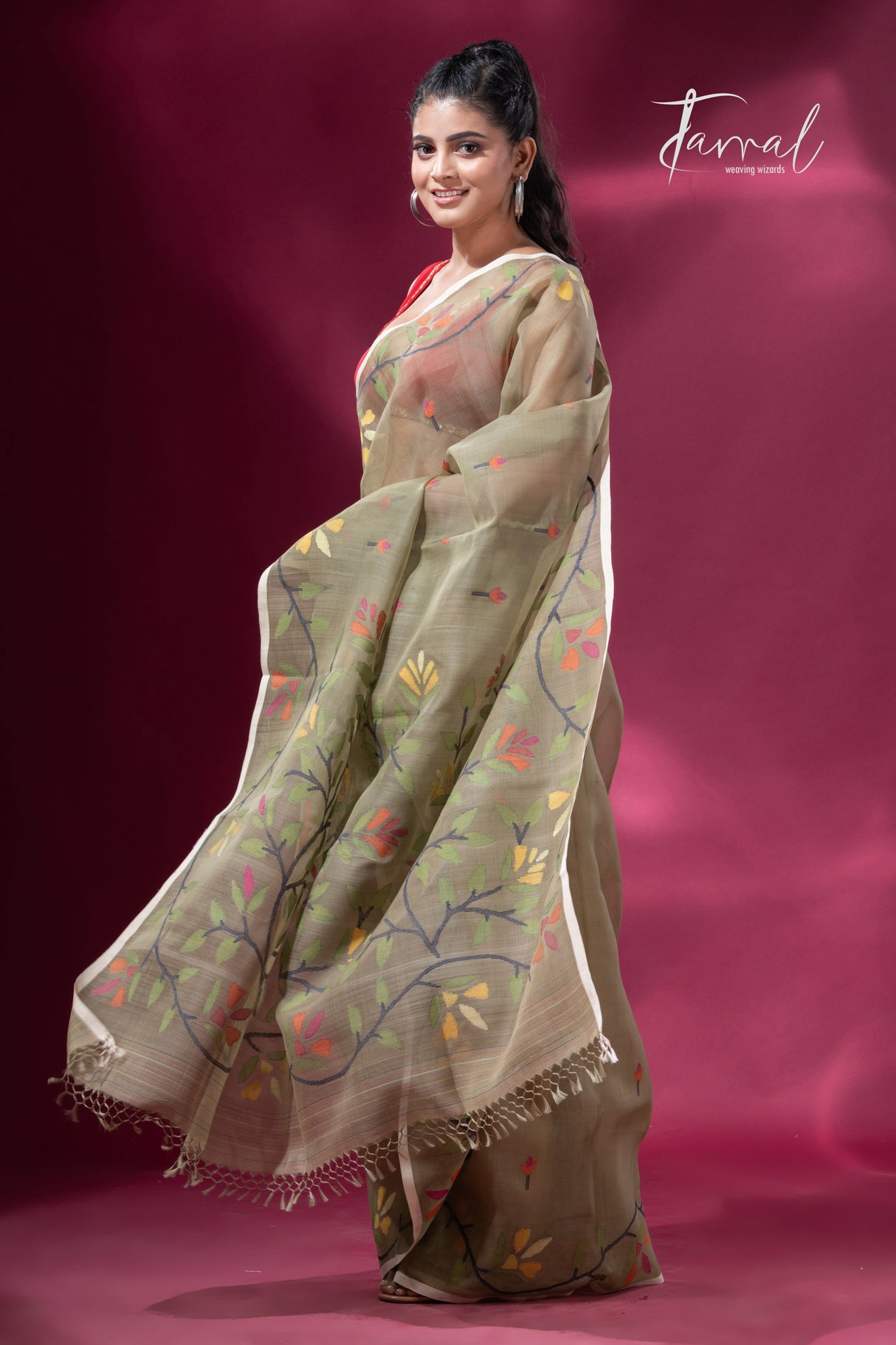 Mos green with floral border muslin silk handwoven jamdani saree