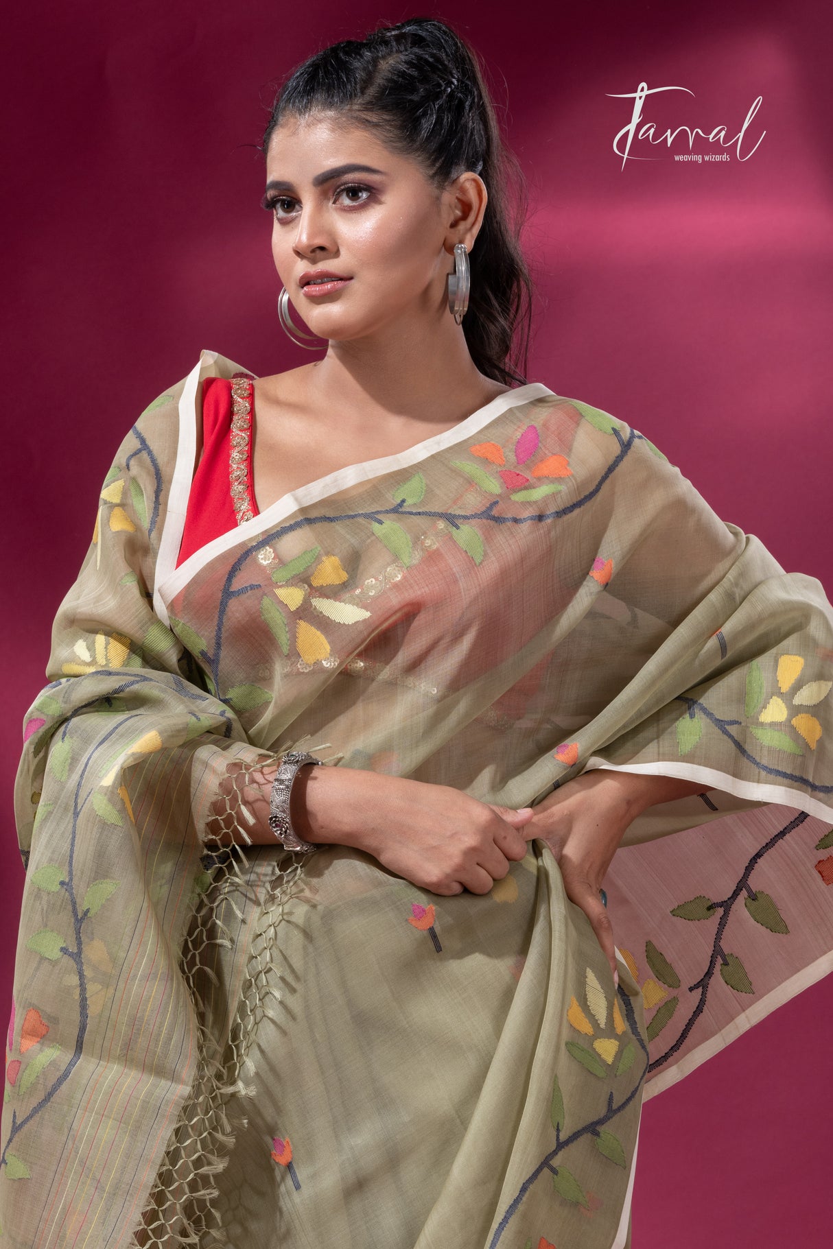 Mos green with floral border muslin silk handwoven jamdani saree