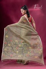 Mos green with floral border muslin silk handwoven jamdani saree