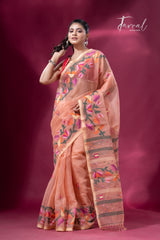 Peach colour kalmilata floral handwoven muslin silk jamdani saree