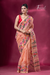 Peach colour kalmilata floral handwoven muslin silk jamdani saree