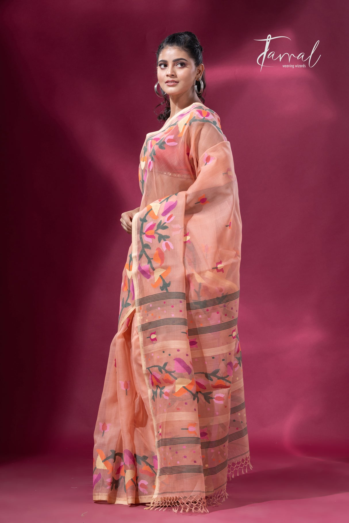 Peach colour kalmilata floral handwoven muslin silk jamdani saree