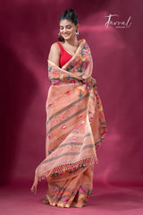 Peach colour kalmilata floral handwoven muslin silk jamdani saree