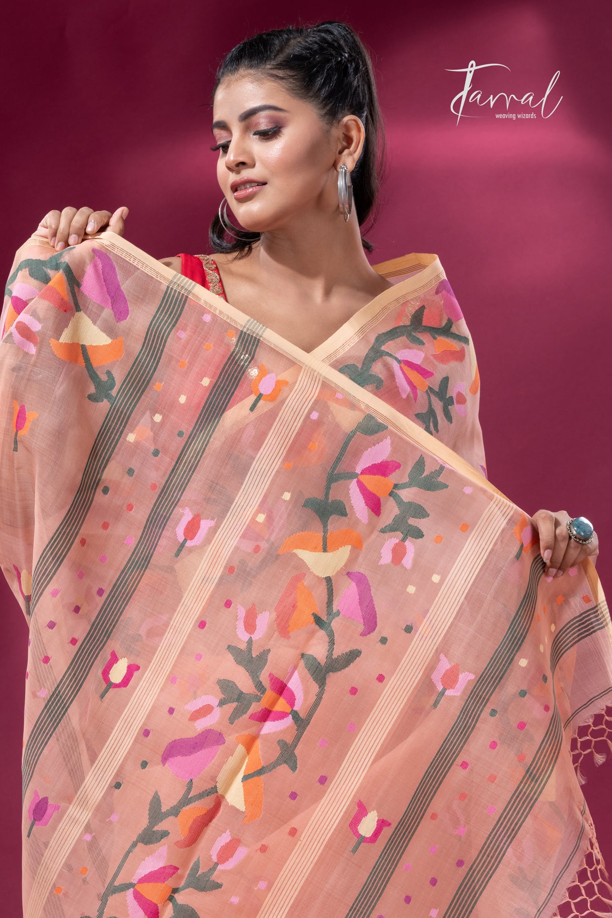 Peach colour kalmilata floral handwoven muslin silk jamdani saree