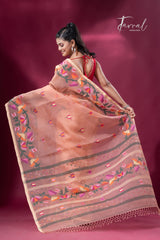 Peach colour kalmilata floral handwoven muslin silk jamdani saree