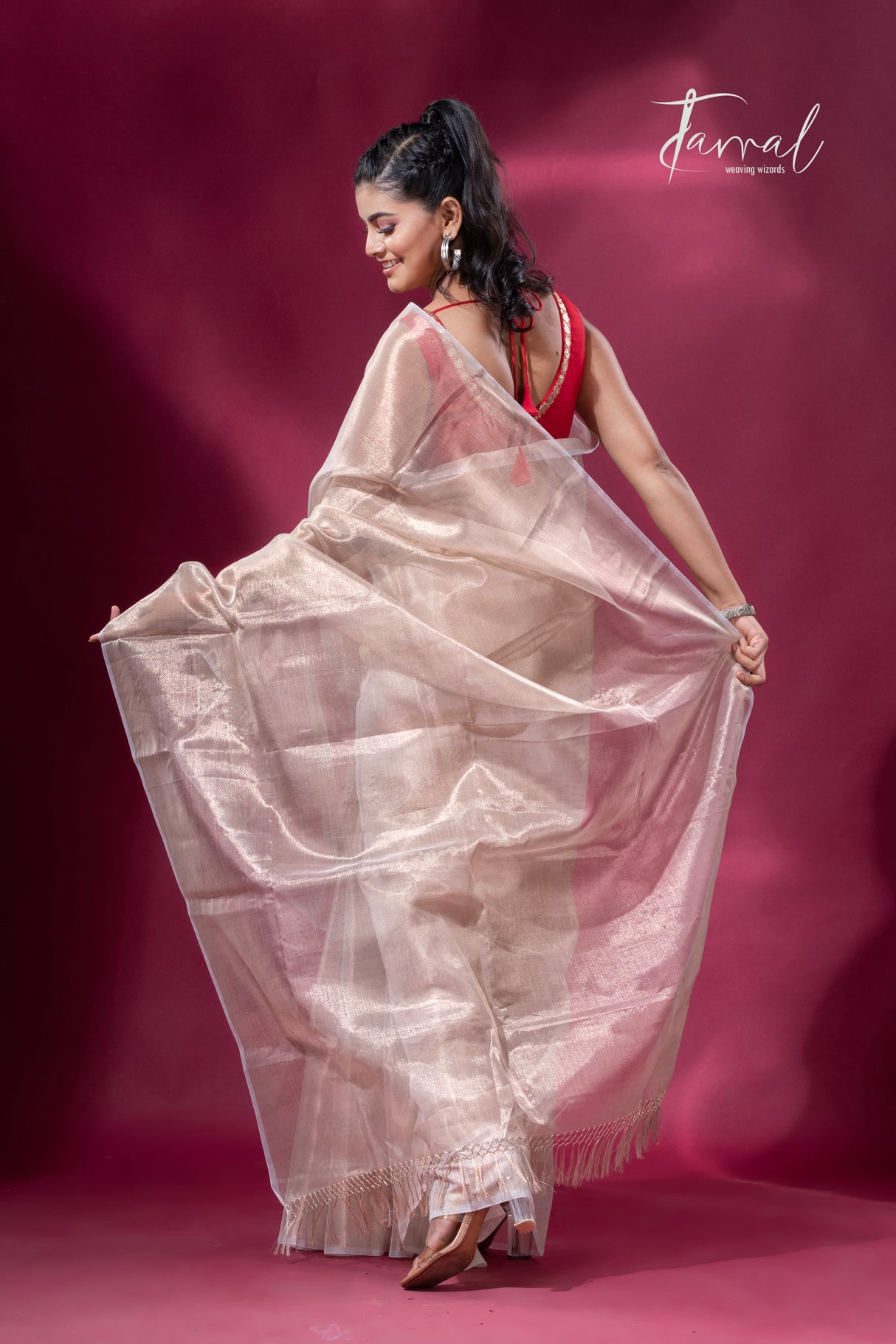 Cream organza silk tissue handloom saree