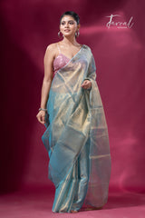 Golden sea green organza tissue handloom saree