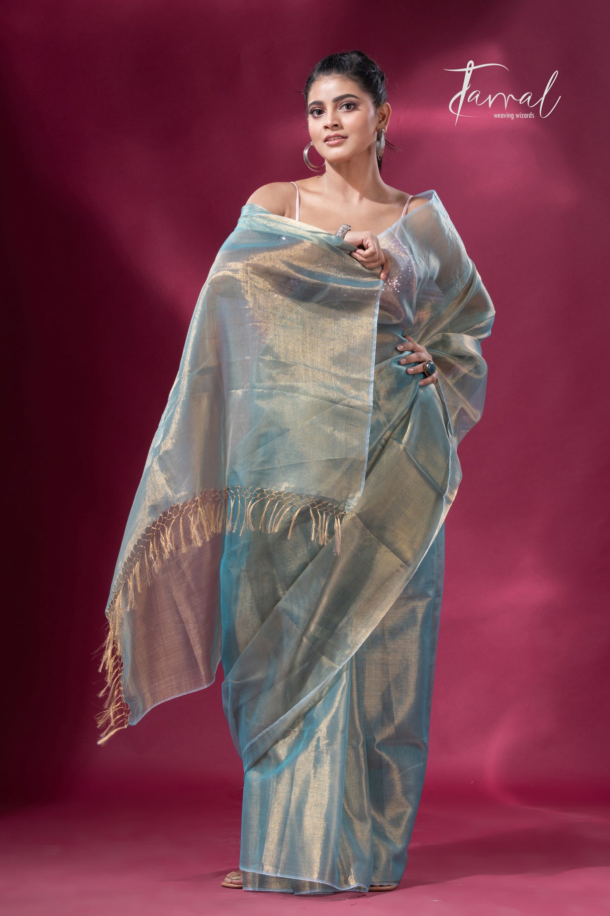 Golden sea green organza tissue handloom saree