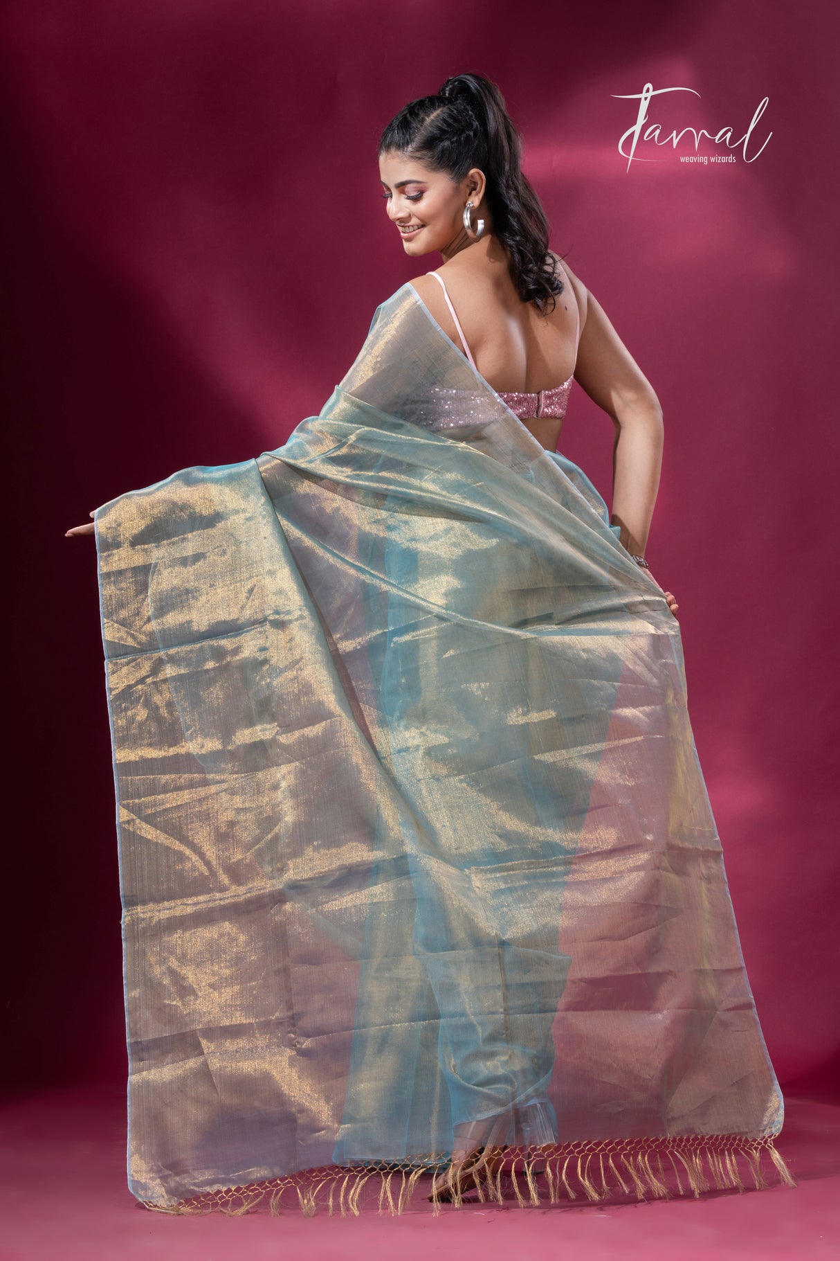 Golden sea green organza tissue handloom saree