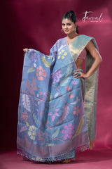 Blueish grey with multicolour allover floral handwoven muslin silk jamdani dupatta