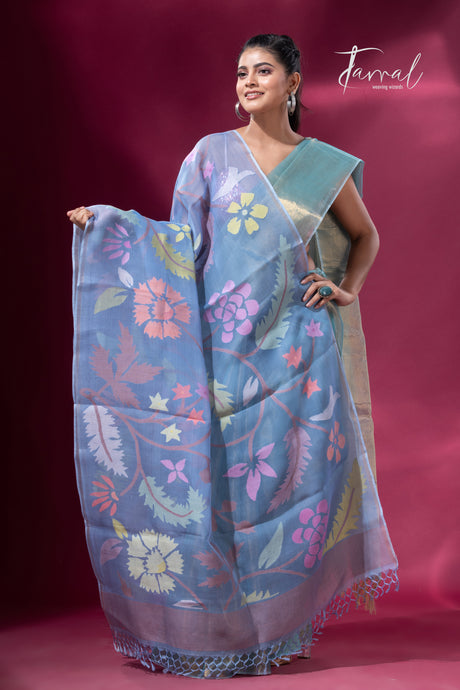 Blueish grey with multicolour allover floral handwoven muslin silk jamdani dupatta