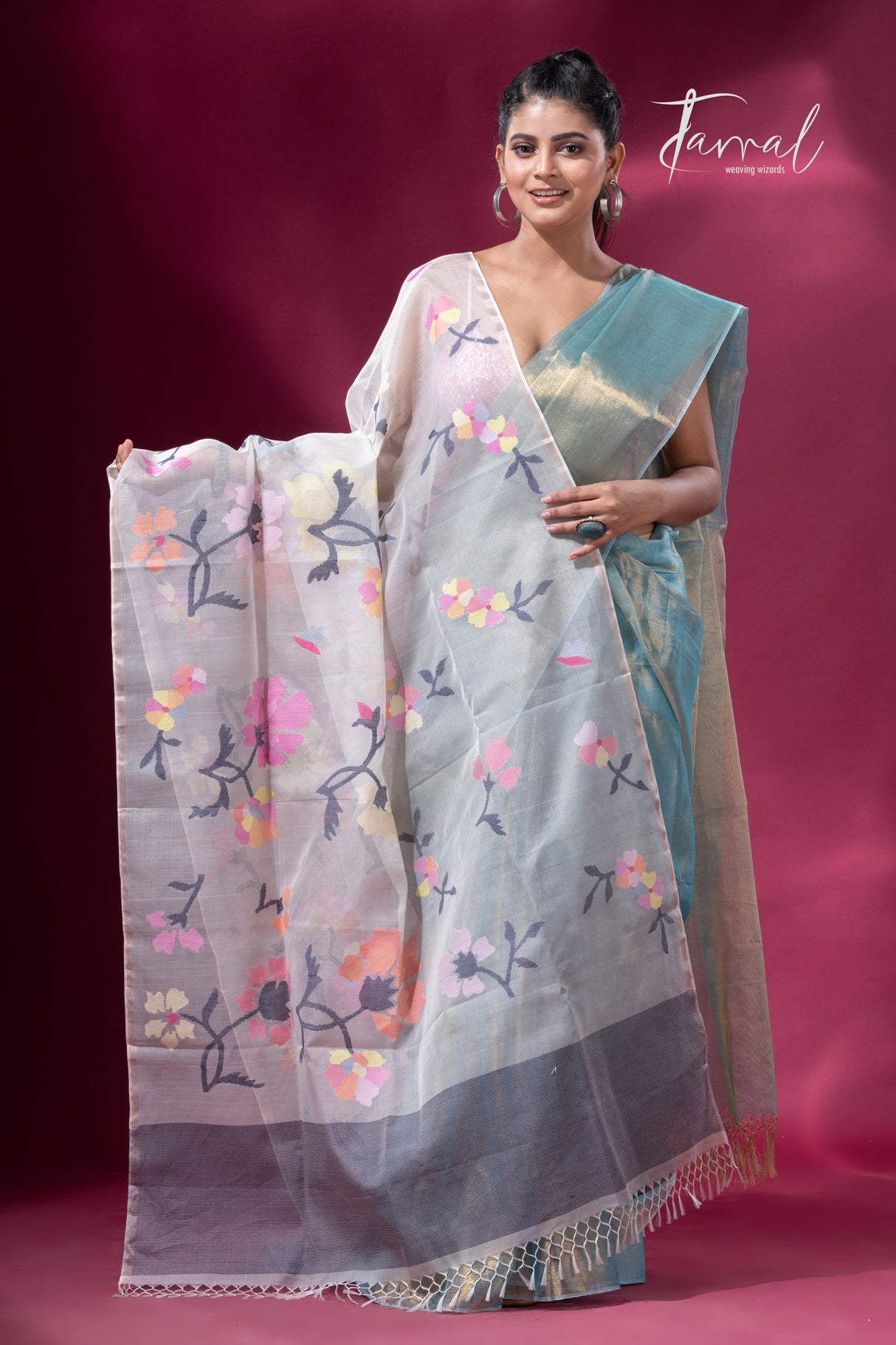 Offwhite with multicolour allover floral handwoven muslin silk jamdani dupatta - Tamal Boutique