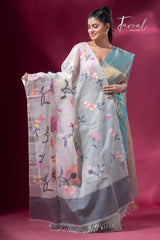 Offwhite with multicolour allover floral handwoven muslin silk jamdani dupatta - Tamal Boutique