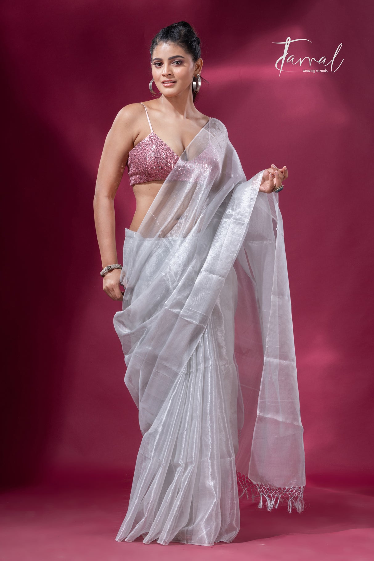 White organza silk tissue handloom saree