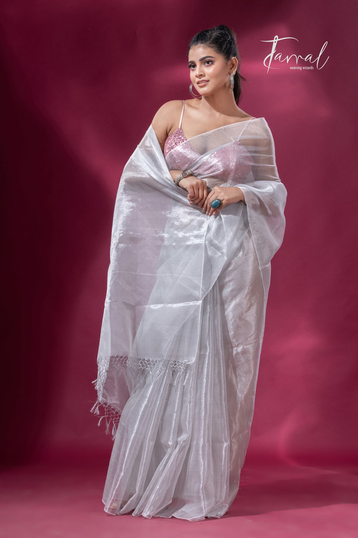 White organza silk tissue handloom saree