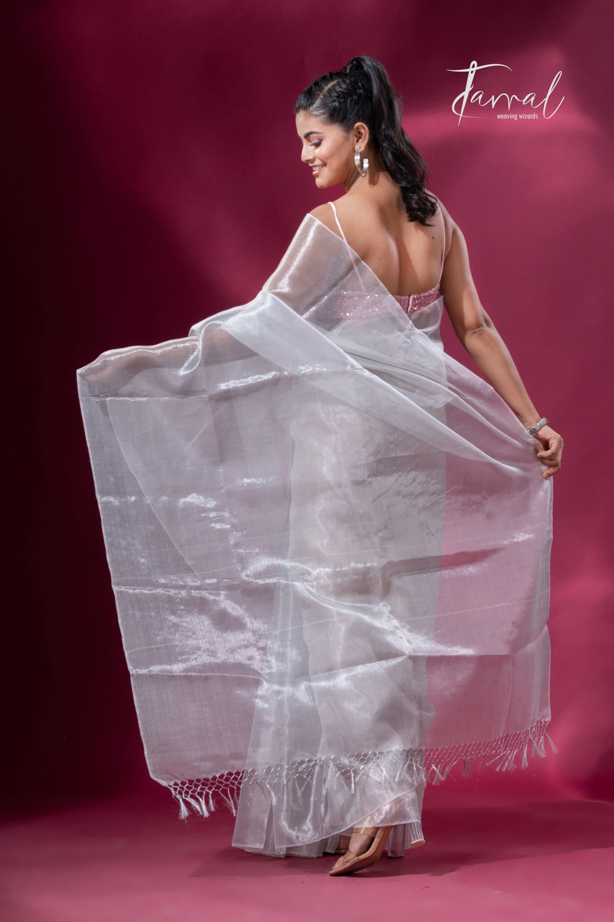 White organza silk tissue handloom saree