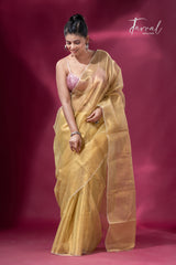 Lemon yellow organza silk tissue handloom saree