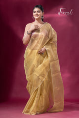 Lemon yellow organza silk tissue handloom saree