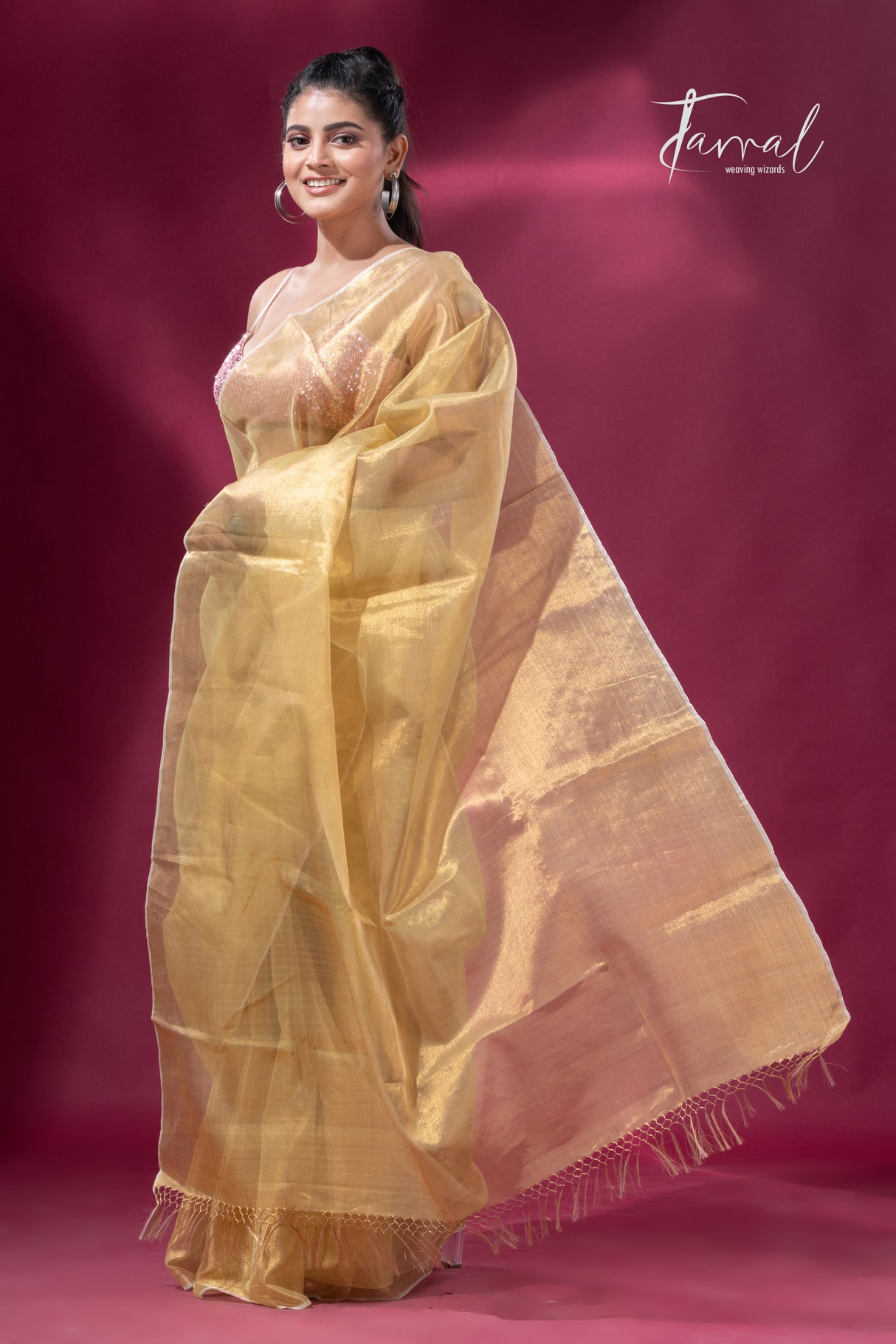 Lemon yellow organza silk tissue handloom saree