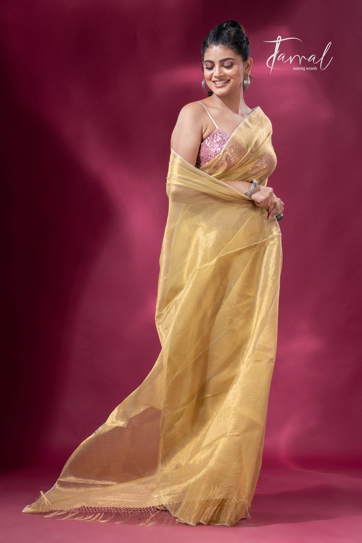 Lemon yellow organza silk tissue handloom saree