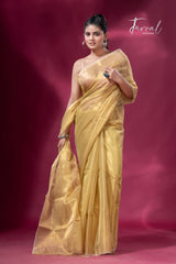 Lemon yellow organza silk tissue handloom saree