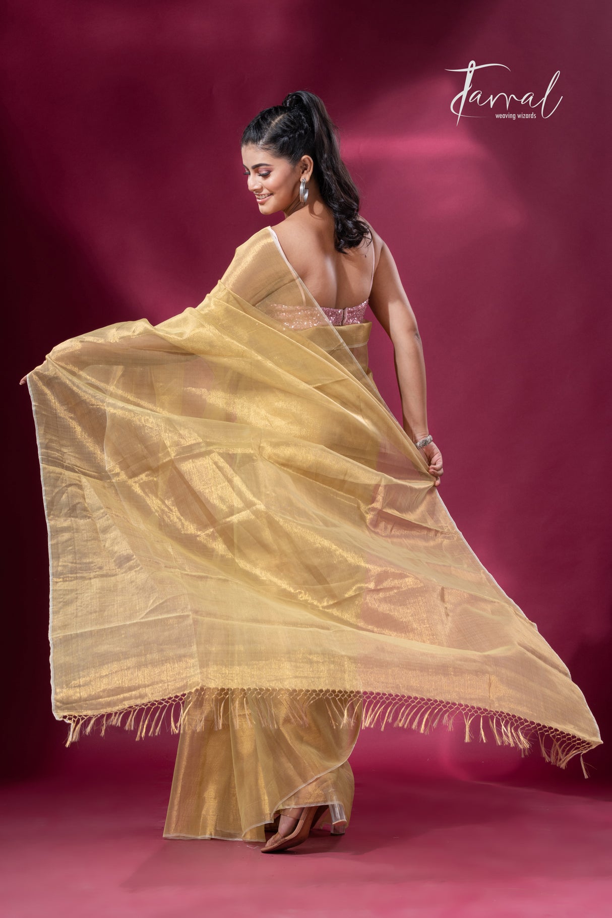 Lemon yellow organza silk tissue handloom saree