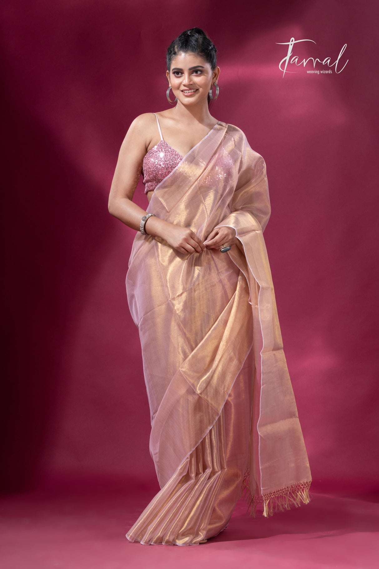 Golden pink organza silk tissue handloom saree