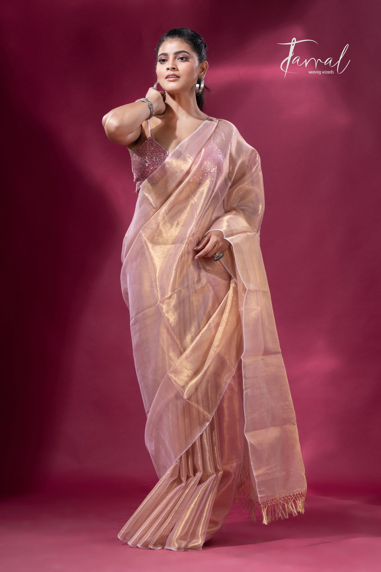 Golden pink organza silk tissue handloom saree