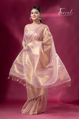 Golden pink organza silk tissue handloom saree