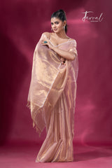 Golden pink organza silk tissue handloom saree