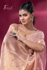 Golden pink organza silk tissue handloom saree