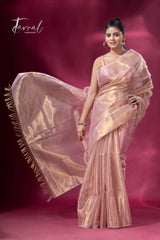 Golden pink organza silk tissue handloom saree