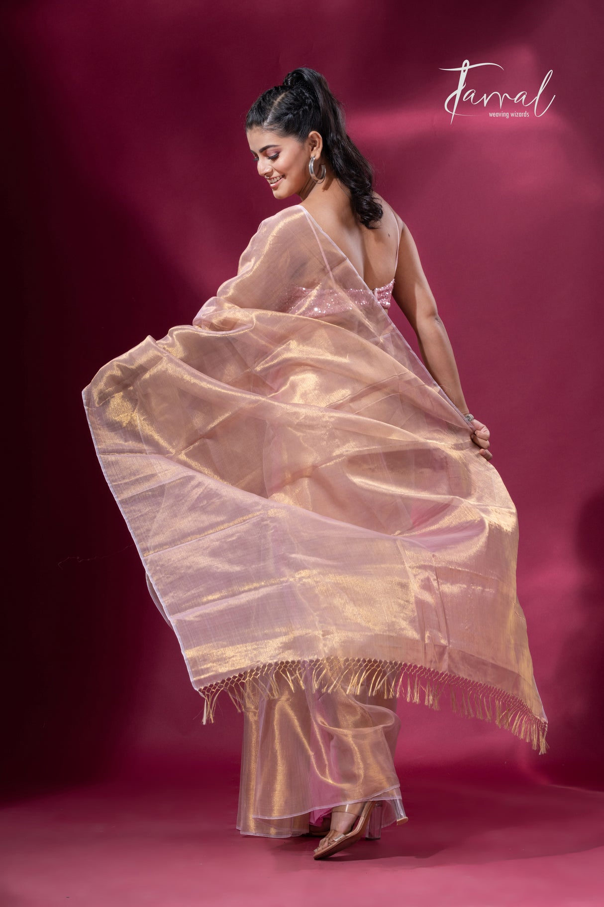 Golden pink organza silk tissue handloom saree