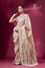 Sandalwood with black border Tussar silk traditional handwoven jamdani saree