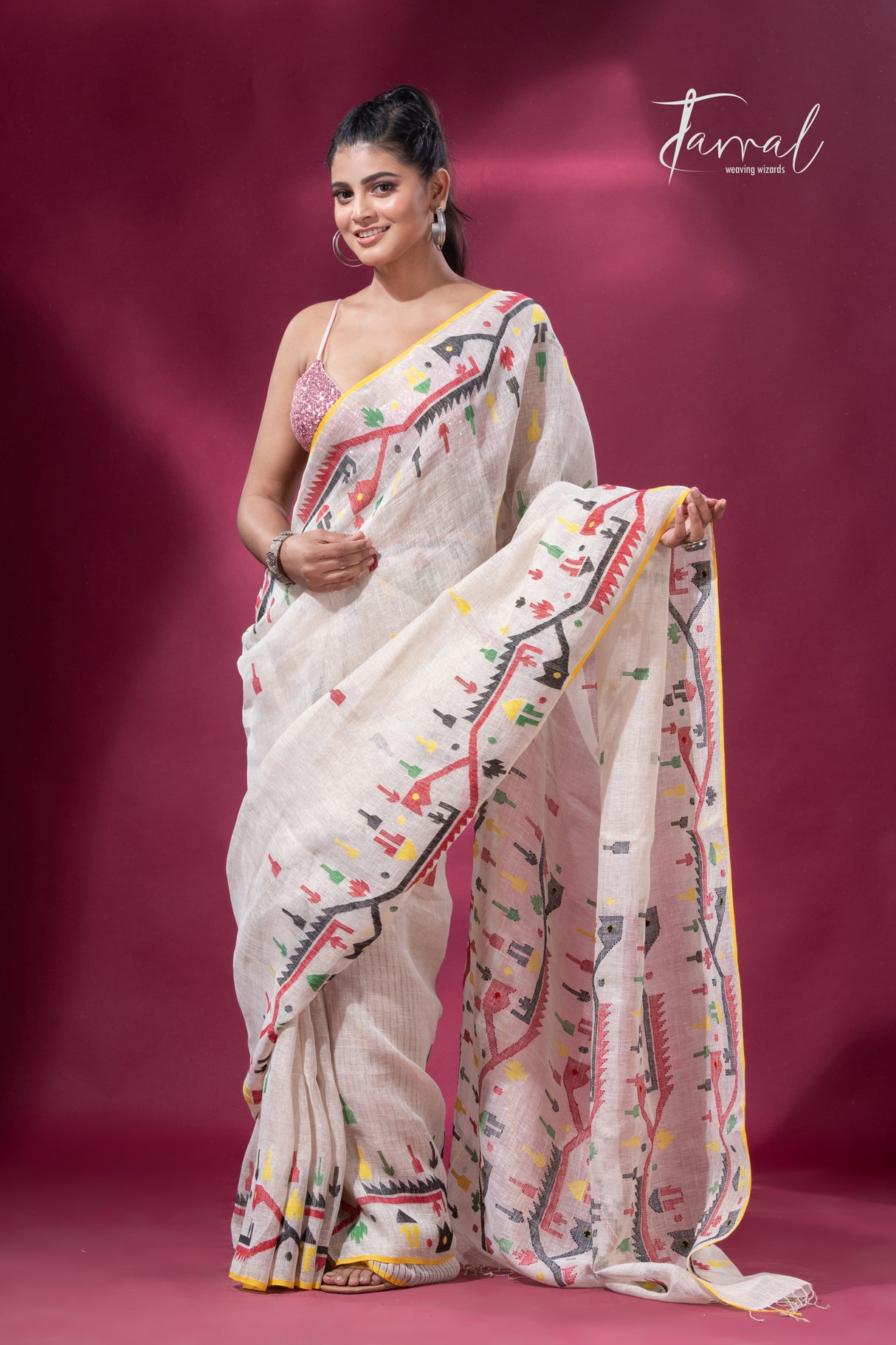 Offwhite with yellow border multicolour traditional dhakai handwoven jamdani pure linen silk