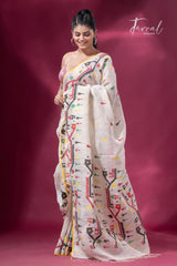 Offwhite with yellow border multicolour traditional dhakai handwoven jamdani pure linen silk