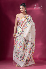 Offwhite with yellow border multicolour traditional dhakai handwoven jamdani pure linen silk