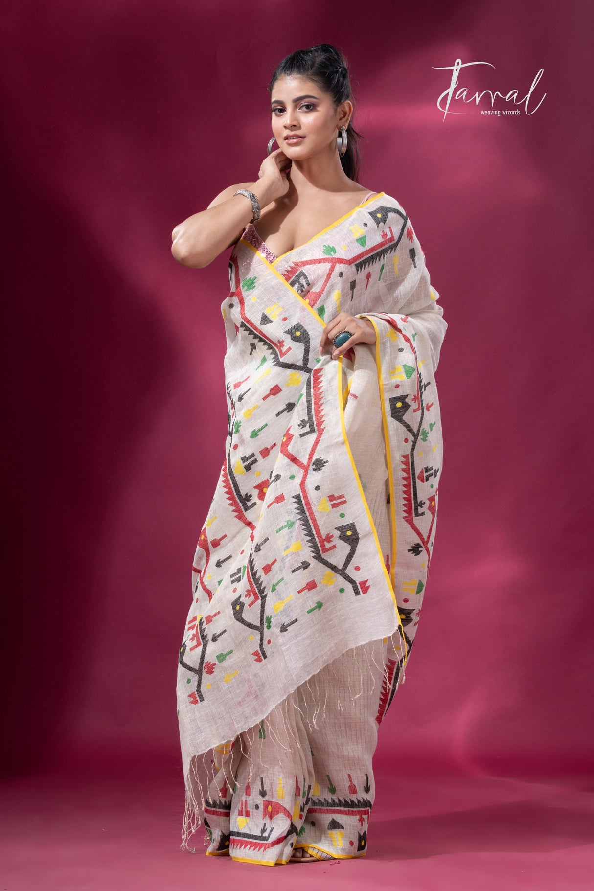 Offwhite with yellow border multicolour traditional dhakai handwoven jamdani pure linen silk