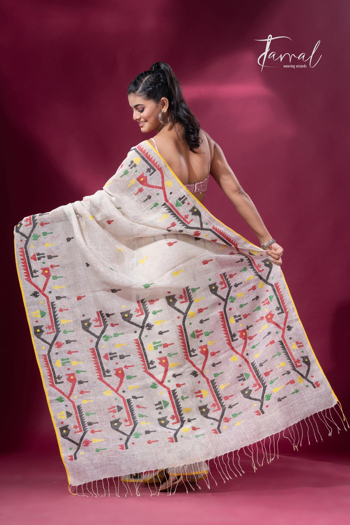 Offwhite with yellow border multicolour traditional dhakai handwoven jamdani pure linen silk