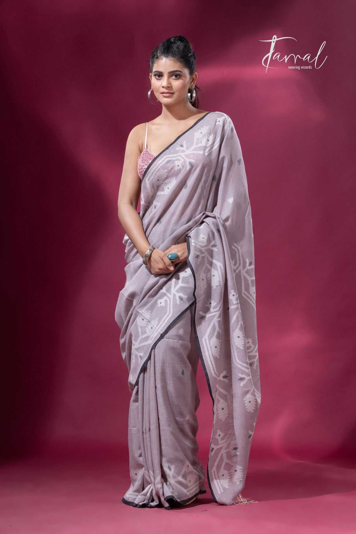 Grey with black border Tussar cotton  traditional handwoven jamdani saree