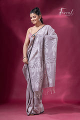 Grey with black border Tussar cotton  traditional handwoven jamdani saree