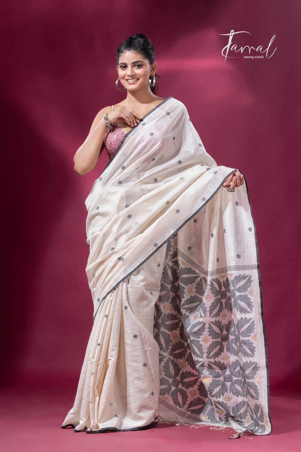 Offwhite with black border pure tusser cotton handwoven jamdani saree