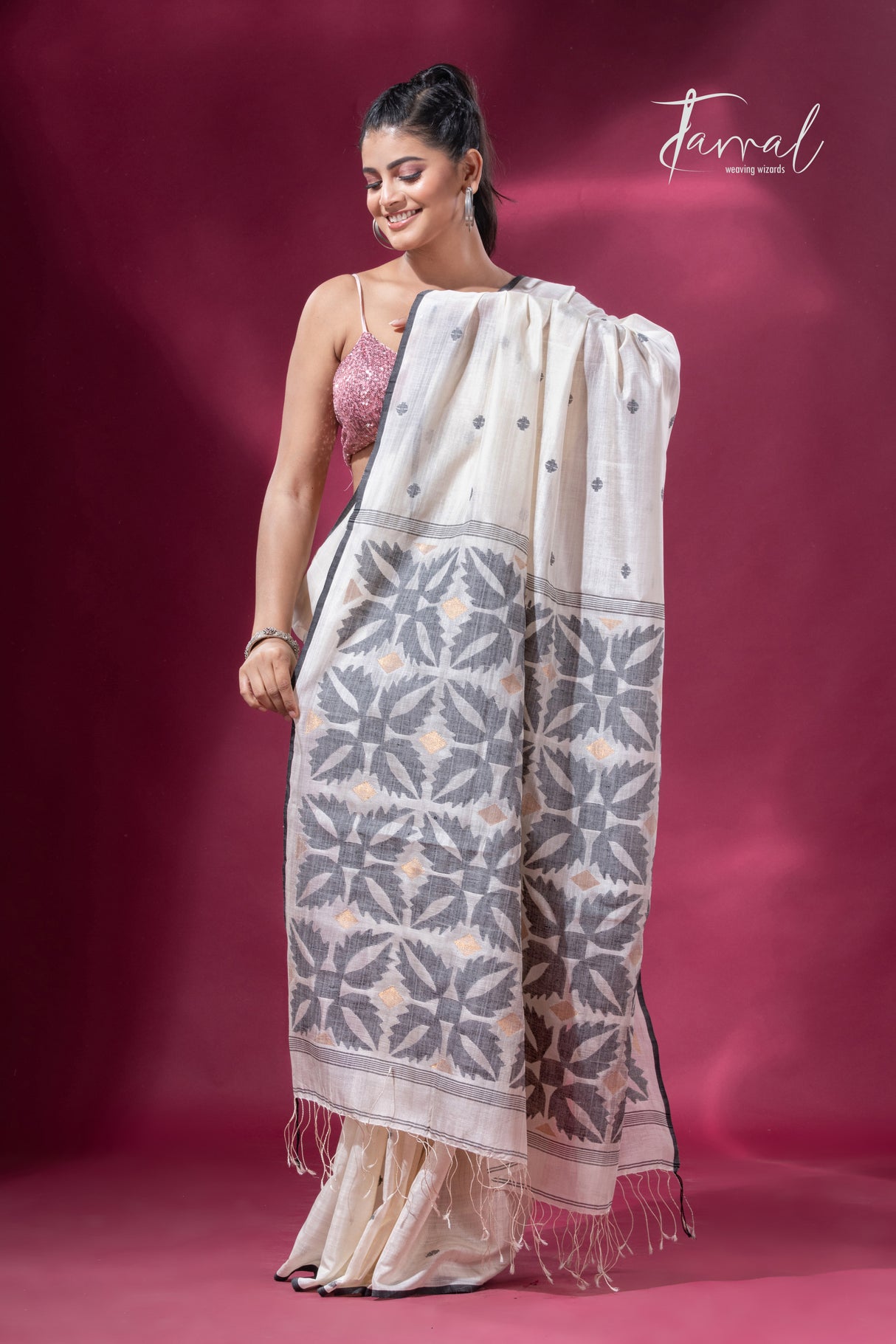 Offwhite with black border pure tusser cotton handwoven jamdani saree