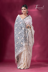 Offwhite with black border pure tusser cotton handwoven jamdani saree