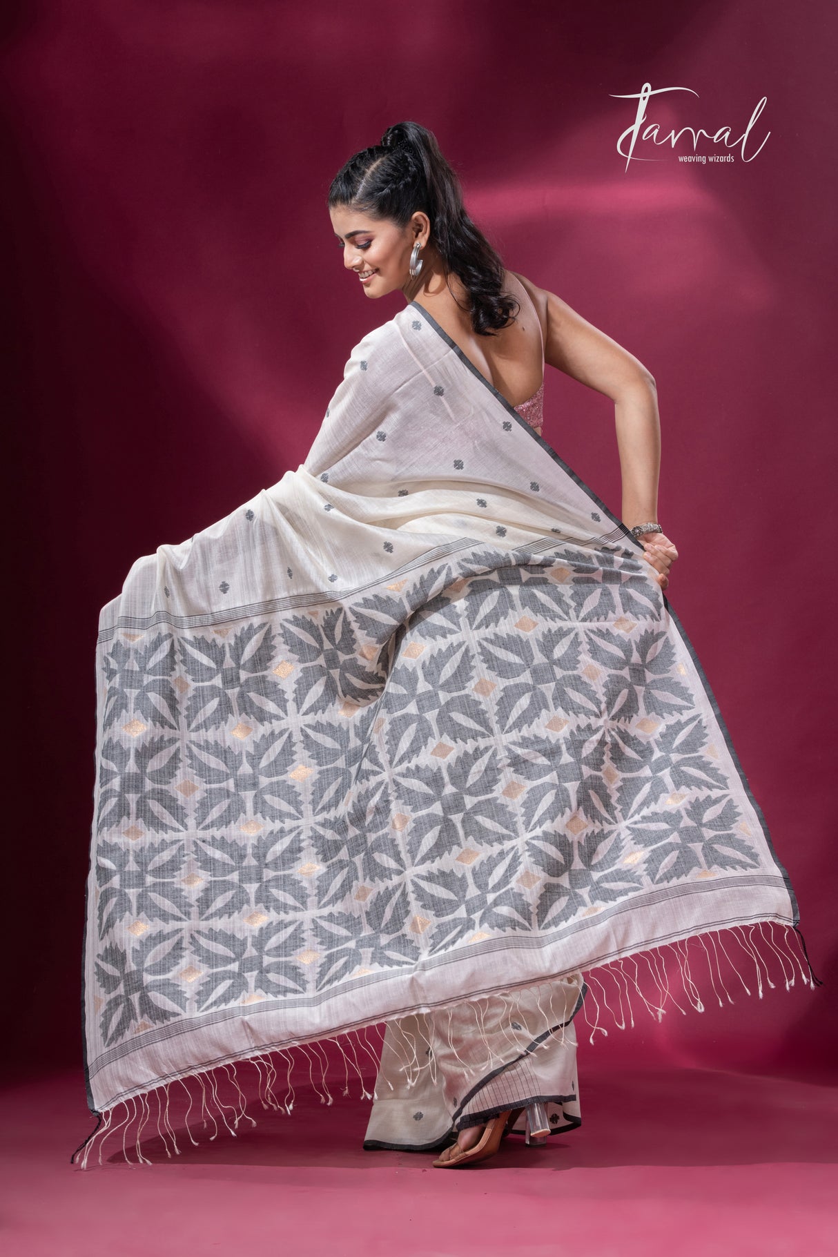 Offwhite with black border pure tusser cotton handwoven jamdani saree