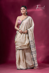 Offwhite with black border pure cotton fish motifs handwoven jamdani saree