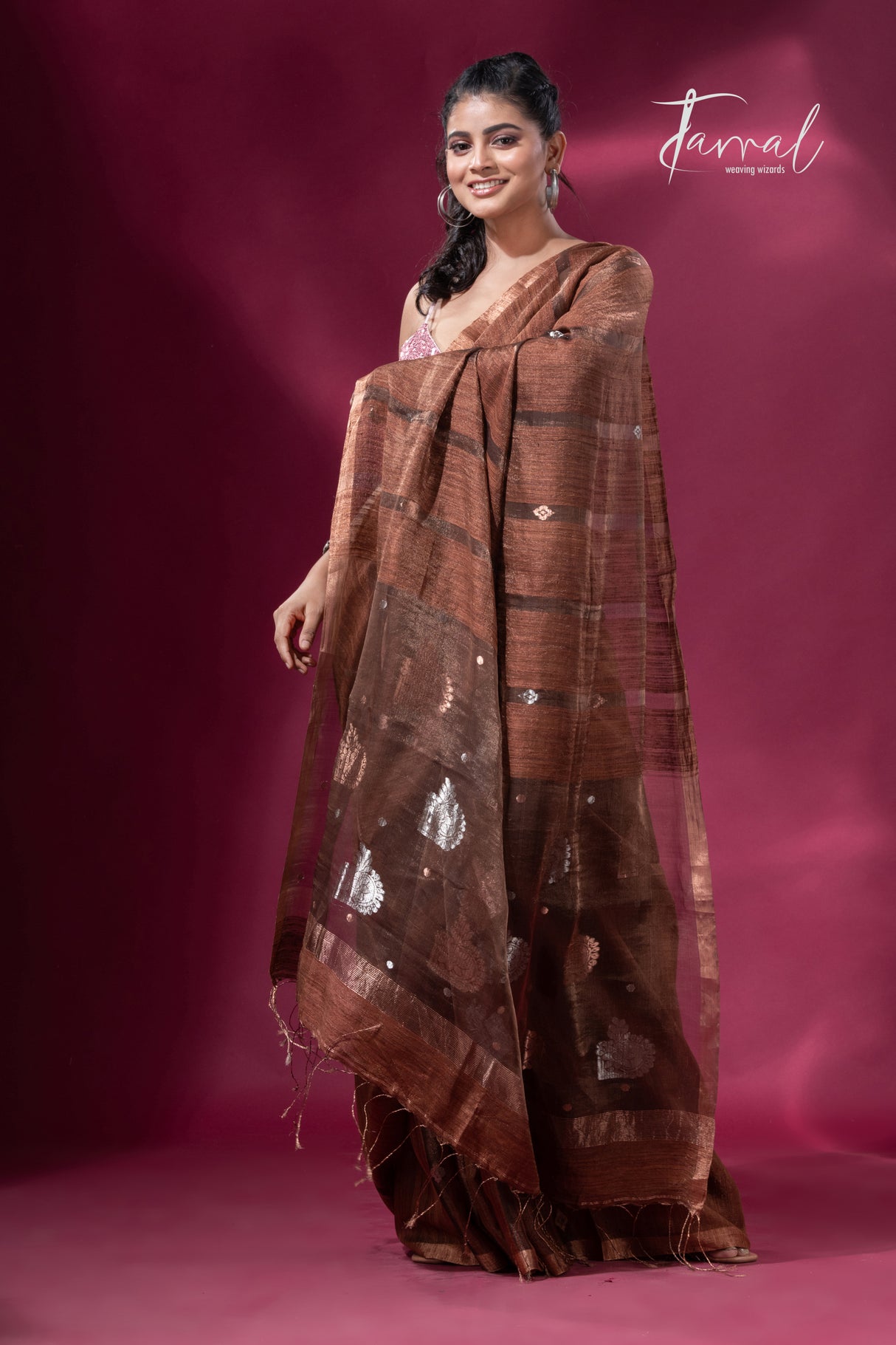 Brown tissue matka muslin handloom jamdani saree