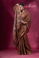 Brown tissue matka muslin handloom jamdani saree