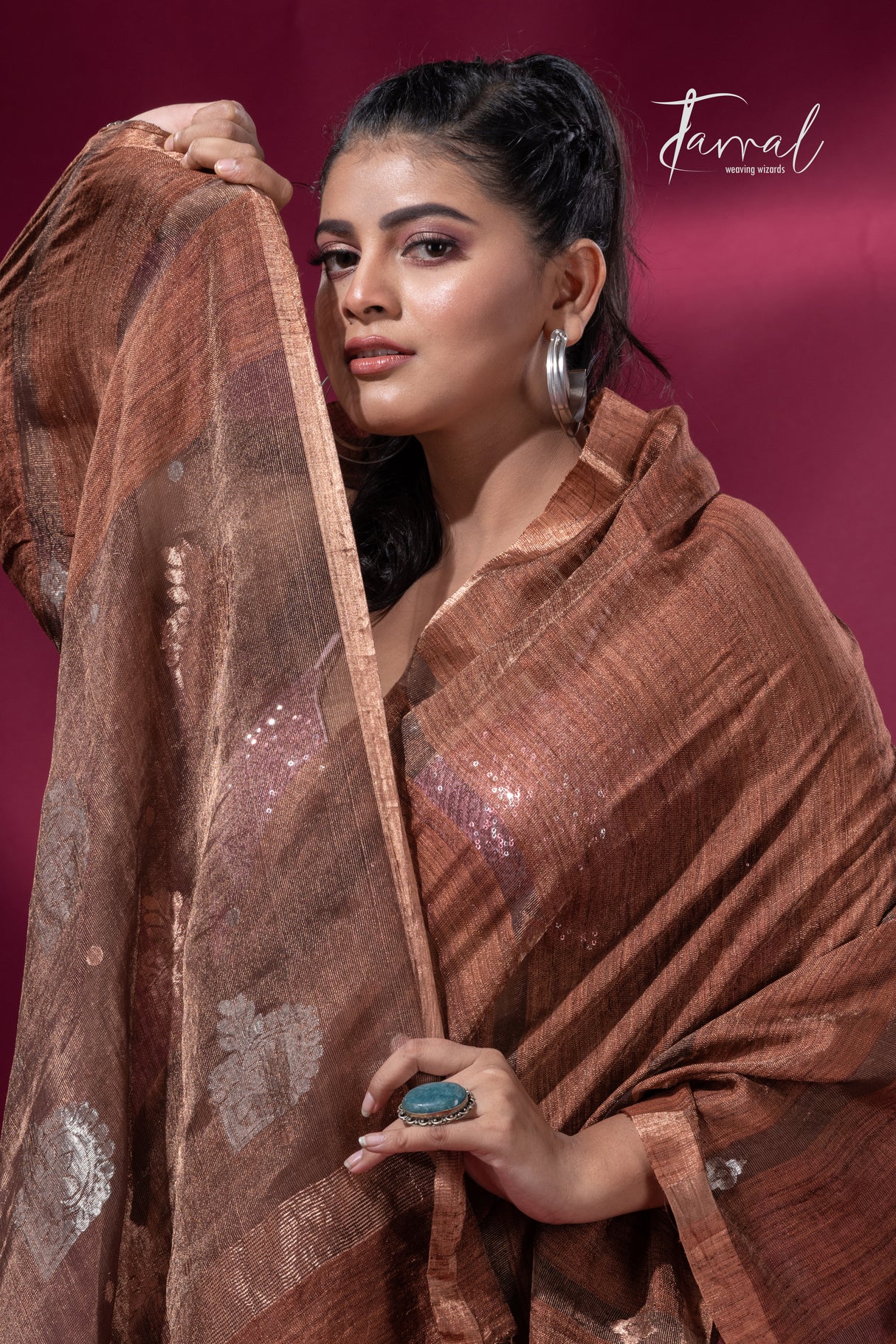 Brown tissue matka muslin handloom jamdani saree